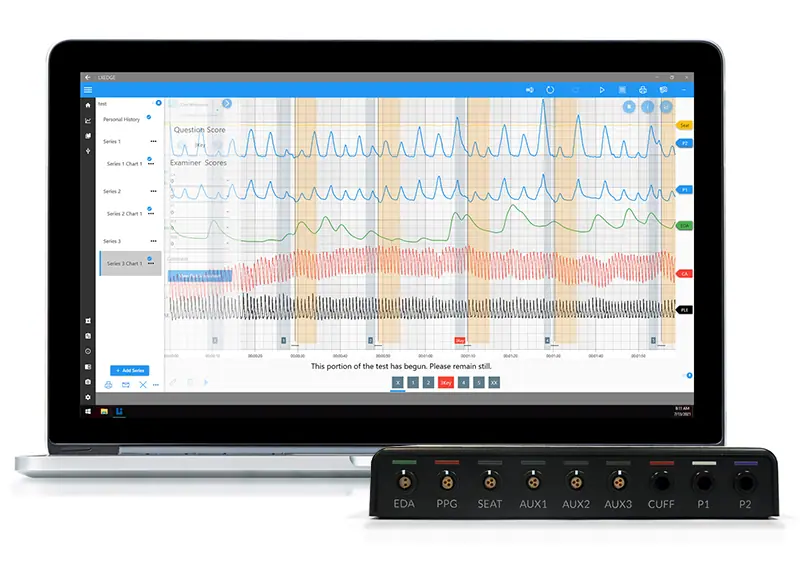 Lafayette LX6 polygraph — laptop showing live traces beside the sensor module with EDA, PPG, cuff and auxiliary channels